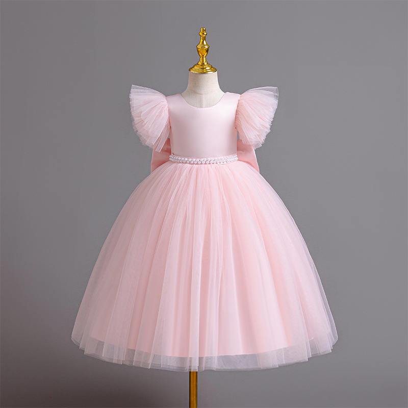 Girl's flying sleeve backless princess dress, mesh fluffy dress, birthday flower girl host dress, performance costume