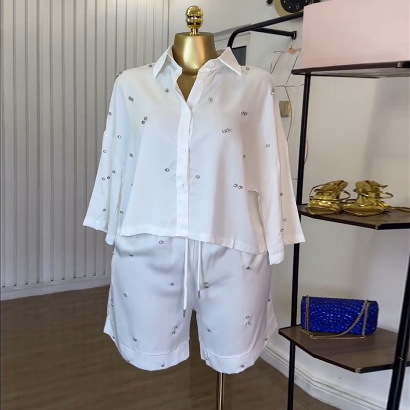 European and American Cross border Women's Clothing 2025 Summer New Style Fashion Collar Loose Nail Diamond Shirt Wide Leg Shorts Casual Set