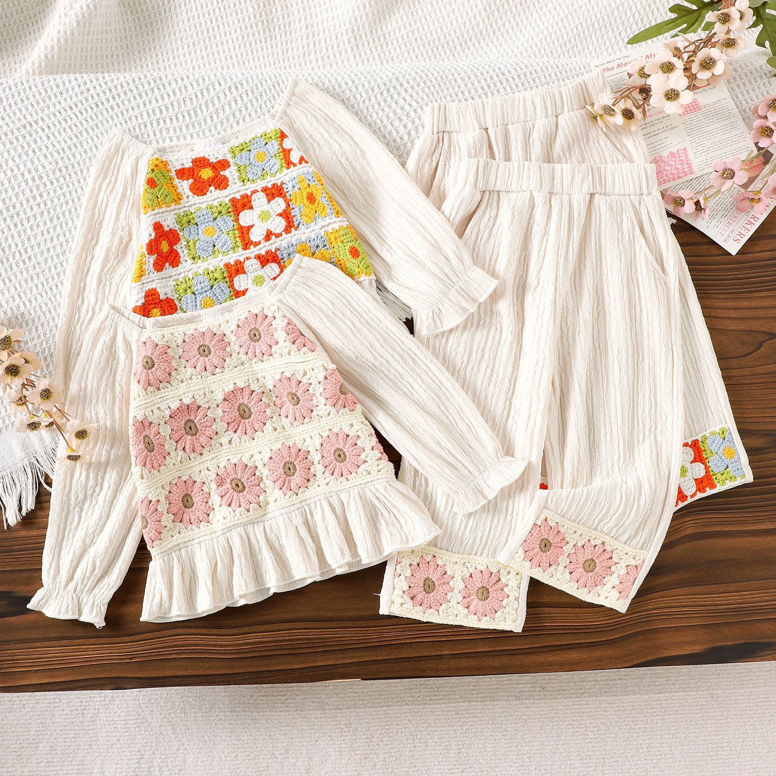 Cross border European and American girls' set with lace apricot long sleeved top and long pants two-piece set