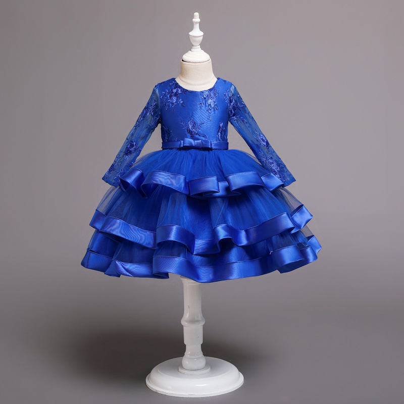 Children's dress princess dress long sleeved fluffy dress mesh party small host performance dress multi-layer skirt