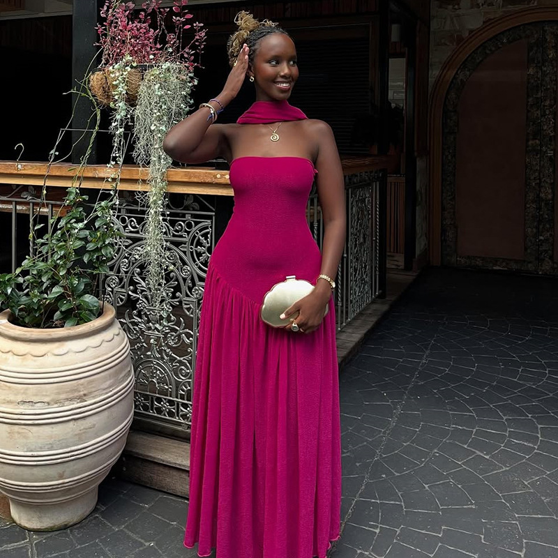 European and American cross-border women's clothing 2025 summer new style temperament scarf strapless slim fit rose red long dress dress