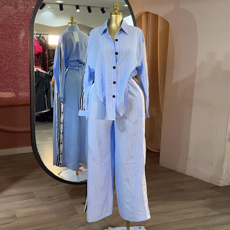 European and American Cross border Women's Wear 2025 Autumn New Fashion Collar Striped Long Sleeve Shirt High Waist Wide Leg Pants Set