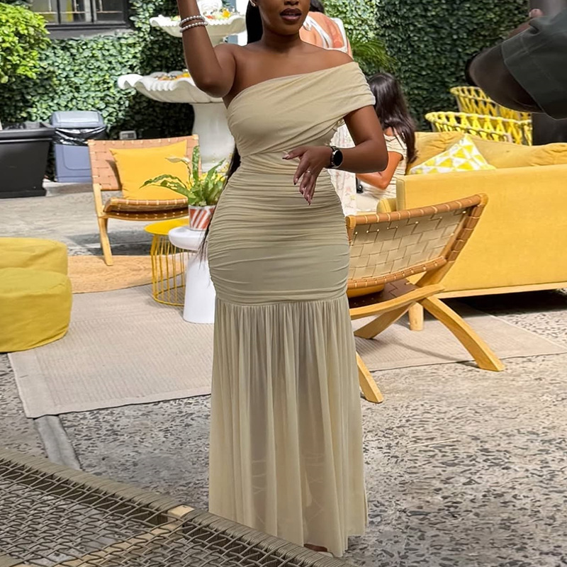 European and American cross-border women's clothing 2025 summer new style temperament inclined shoulder slim fit and slimming splicing mesh pleated dress