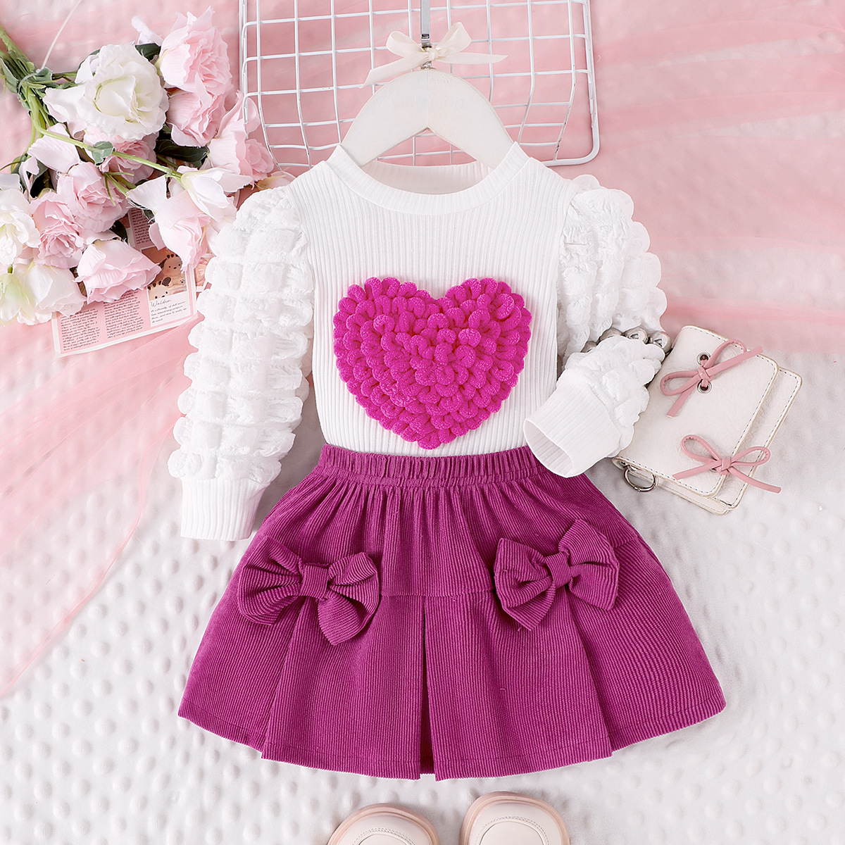 Cross border New Children's Set European and American Spring and Autumn Girls' Bubble Sleeve Love Top+Bow Short Skirt Two piece Set