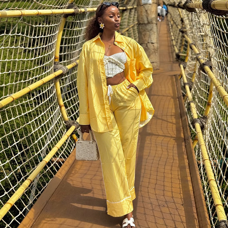European and American Cross border Women's Clothing 2025 Spring New Fashion Yellow Striped Shirt Wide Leg Pants Casual Set