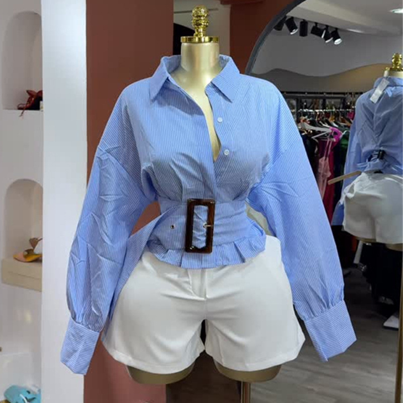 European and American Cross border Women's Wear 2025 Autumn New Style Design Sense Flip Collar Waist Strap Short Striped Long Sleeve Shirt
