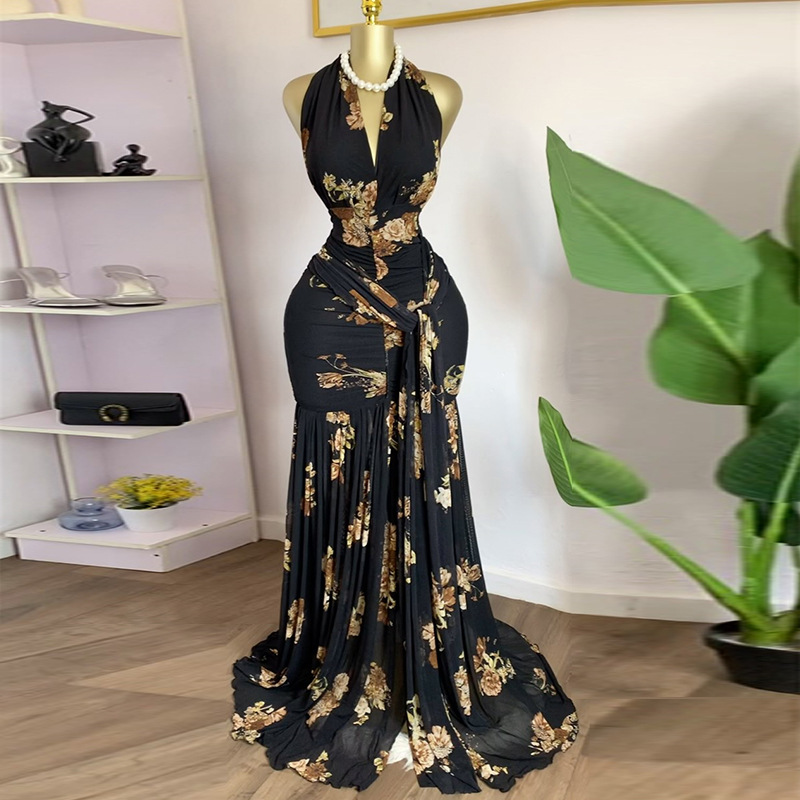 European and American cross-border women's clothing 2025 summer new style temperament print V-neck print pleated long sleeveless dress