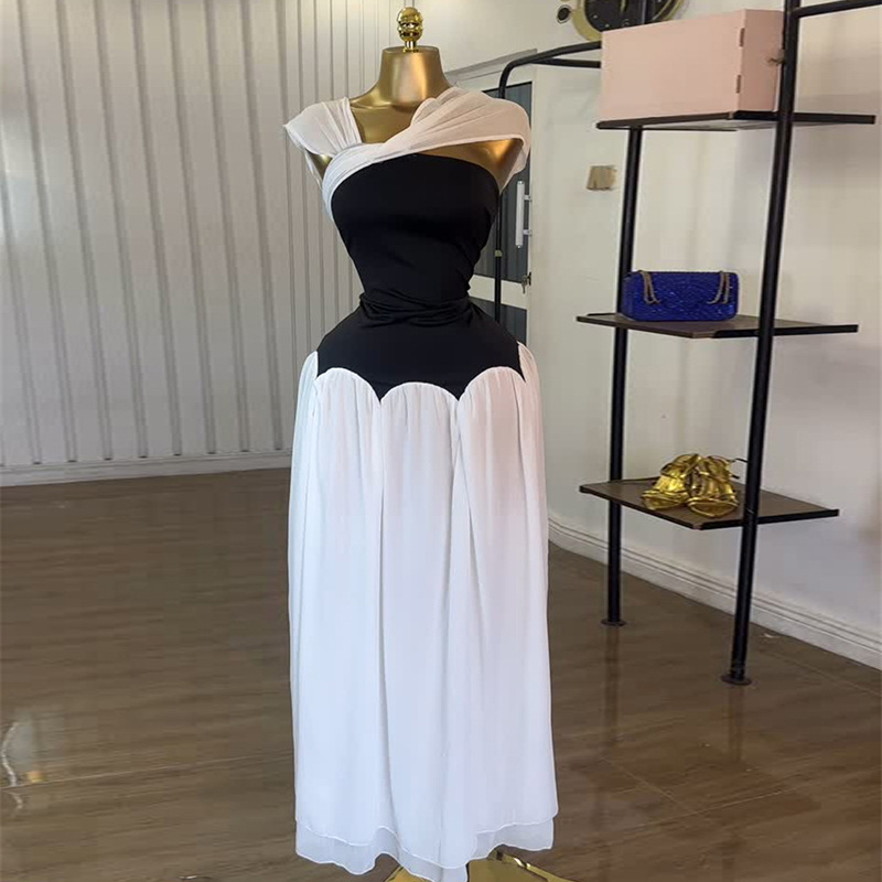 European and American cross-border women's clothing 2025 summer new style temperament design sense mesh splicing color matching slim fit dress