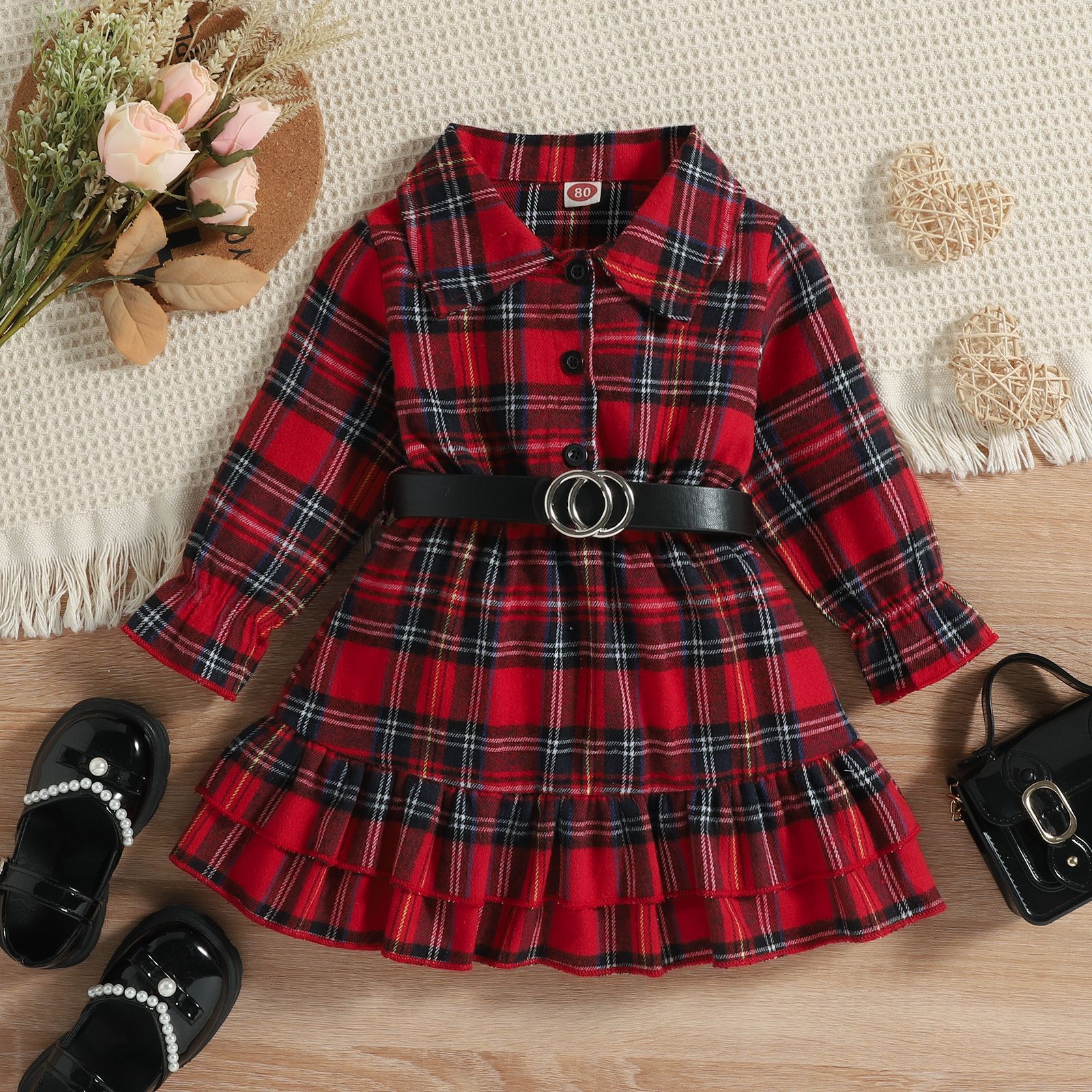 Girls' autumn and winter foreign trade European and American Christmas clothes Princess British plaid with belt children's dress Amazon