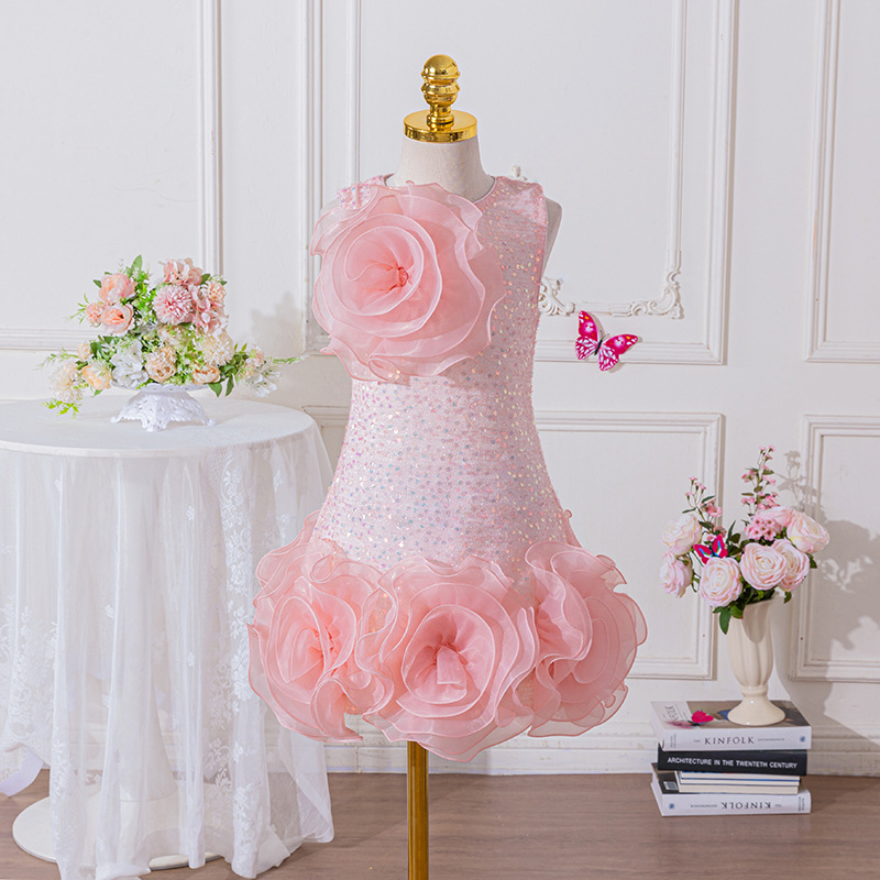 Girl princess dress sequin three-dimensional flower dress girl flower vest dress birthday performance dress evening dress dress