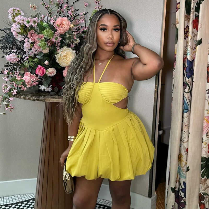 European and American women's clothing 2025 spring new sweet and fresh hanging neck, strapless, exposed back high waisted dress, short skirt
