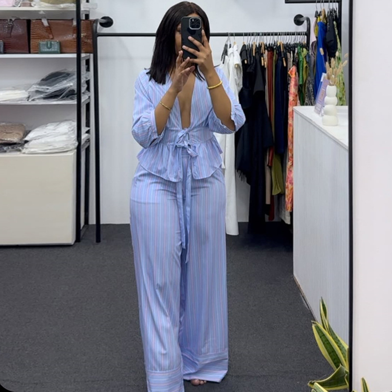 European and American cross-border women's clothing 2025 autumn new sweet V-neck striped lace up shirt wide leg pants casual set