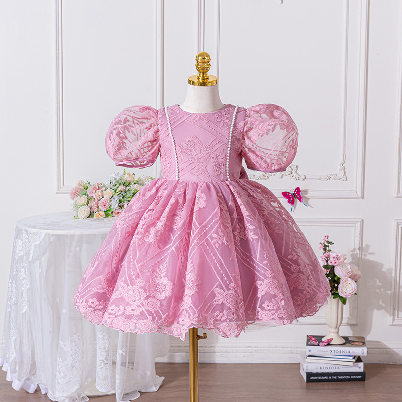 Girls' Bubble Sleeve Puffy Dress, Children's French Embroidered Lace Princess Dress, Elegant Birthday Performance Dress