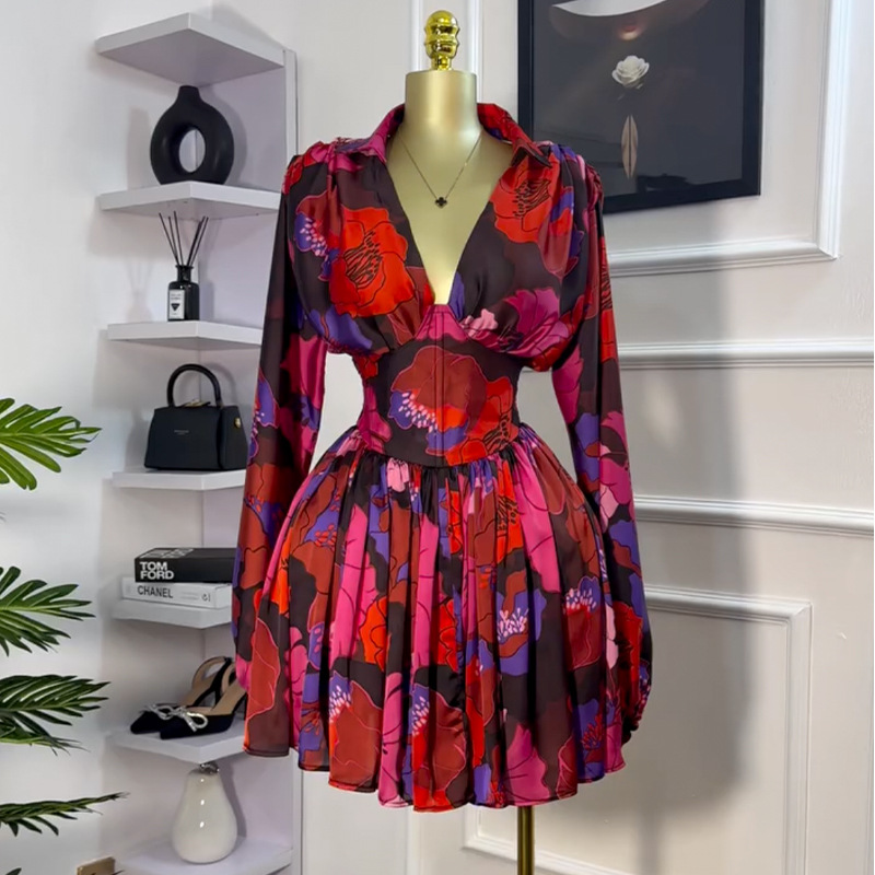 European and American women's clothing 2025 spring new style elegant print V-neck backless high waisted dress short skirt