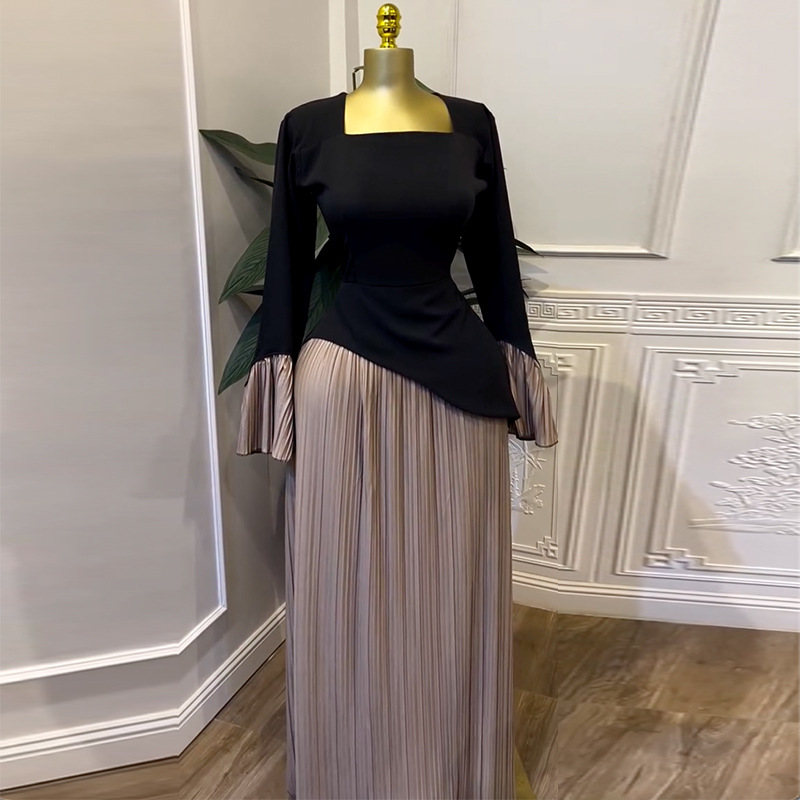 European and American women's clothing 2025 spring new style elegant square collar flared sleeves high waisted pleated skirt dress long skirt