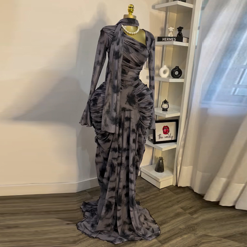 European and American women's clothing 2025 summer new sweet and fresh printed sloping shoulder collar high waist slimming bag hip dress long skirt