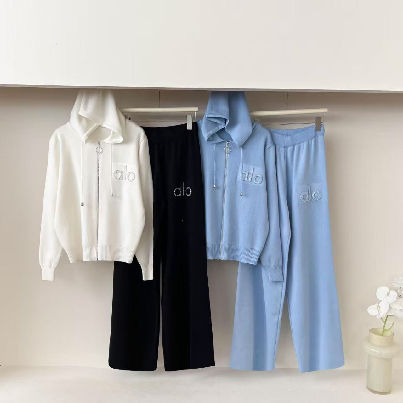 Cross border 2025 autumn/winter hooded cardigan zipper jacket loose knit wide leg pants two-piece set for women