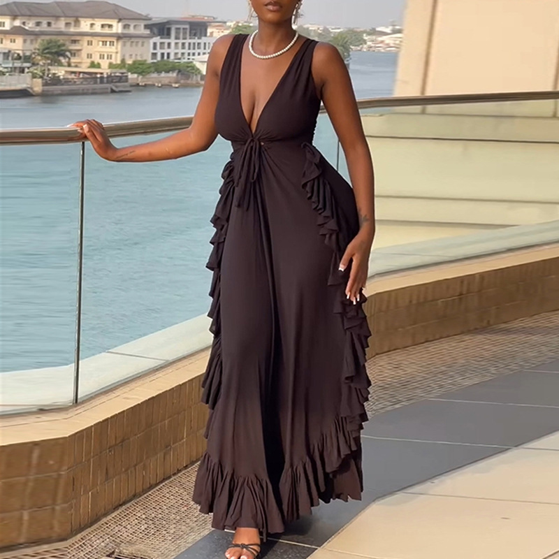 European and American cross-border women's clothing 2025 summer new sexy V-neck low neck strap slim fit lotus leaf edge length dress