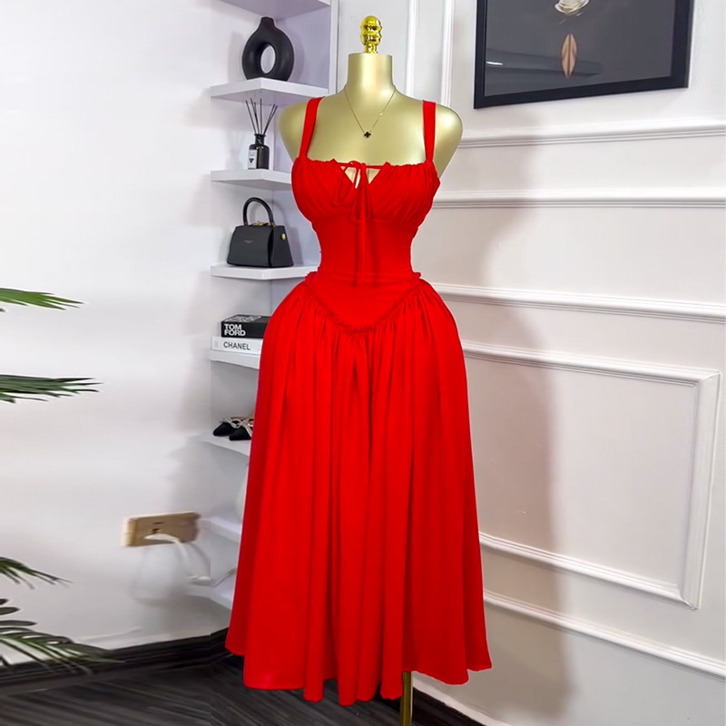 European and American women's clothing 2025 spring new sweet and fresh lace up V-neck high waist slimming A-line dress long skirt