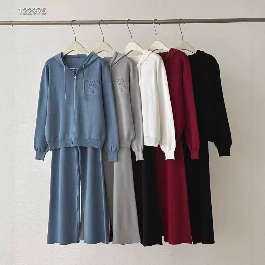 Cross border 2025 casual spring knitted letter embossed hooded loose cardigan high waisted wide leg pants set for women
