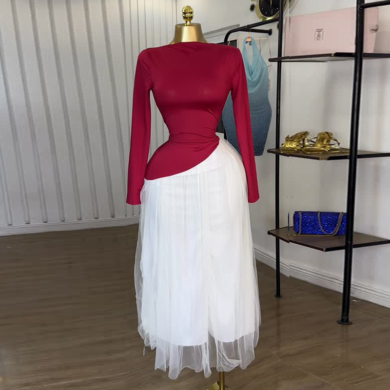 European and American women's clothing 2025 summer sweet and fresh one collar high waist slimming patchwork mesh A-line dress long skirt
