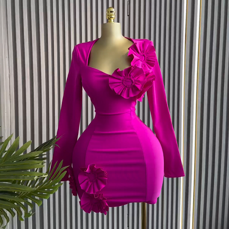 European and American women's clothing 2024 autumn new style elegant square neck large flower decoration long sleeved high waist slimming dress