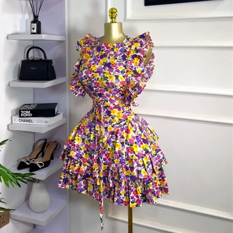 European and American cross-border women's clothing 2025 summer new style temperament printed ruffle edge round neck high waist irregular dress