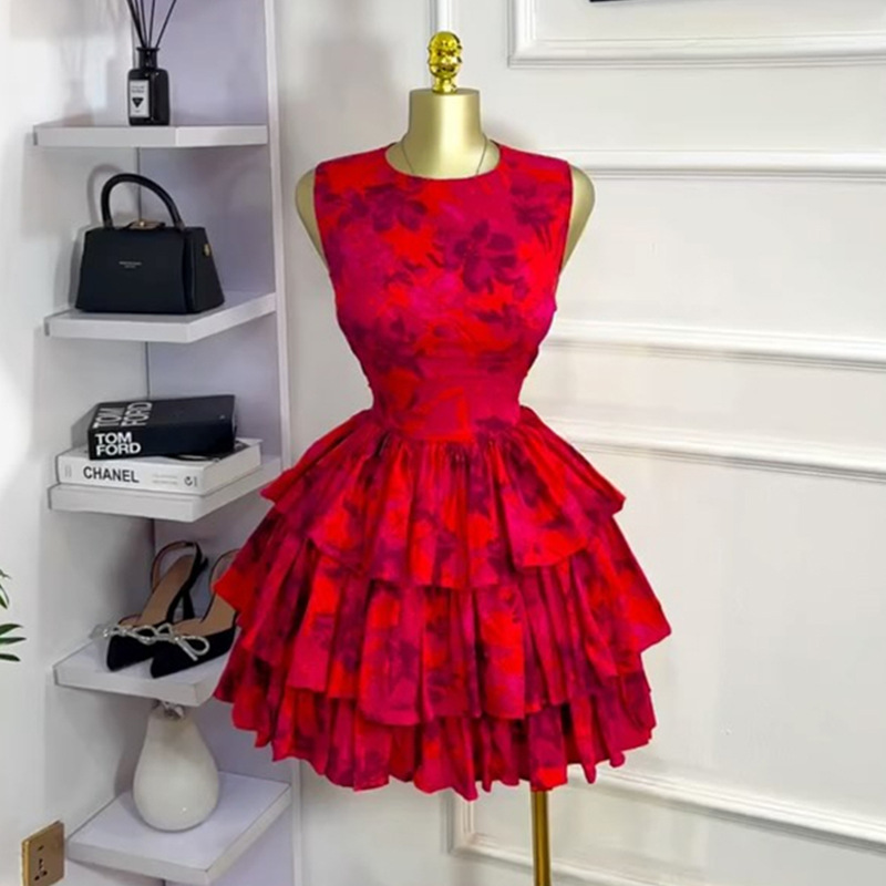 European and American women's clothing 2025 summer new sweet and fresh printed round neck sleeveless high waisted cake skirt dress short skirt