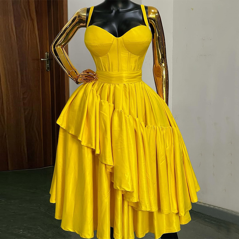 European and American Cross border Women's Clothing 2025 Summer New Style High Waist Ruffle A-line Large Swing Skirt Strap Dress