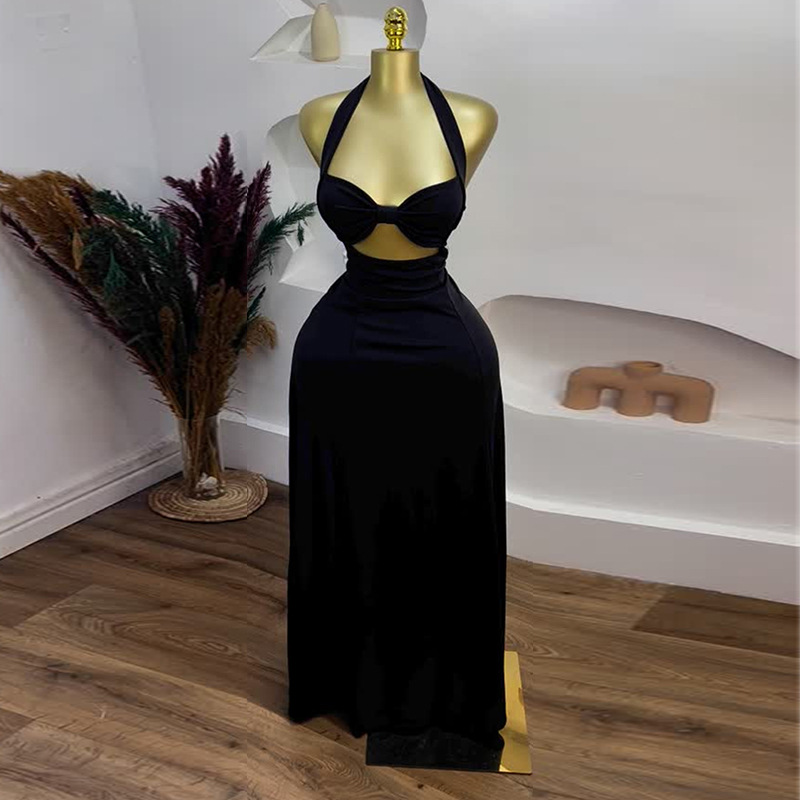European and American women's clothing 2025 summer new sweet and fresh hanging neck hollow high waist A-line dress long skirt
