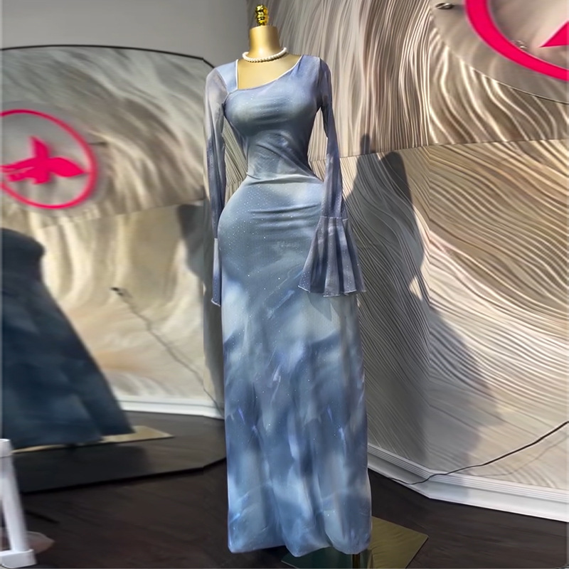 European and American women's clothing 2025 summer new sweet and fresh printed rhinestone horn sleeves high waist slimming dress long skirt