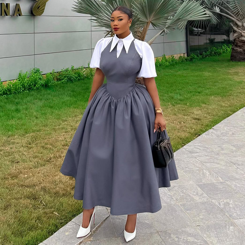 European and American women's clothing 2025 summer temperament elegant bubble sleeves women's shirt collar high waist slimming dress fake two pieces