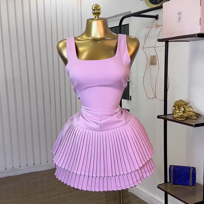 European and American women's clothing 2025 summer new sweet and fresh square neck high waist slimming A-line pleated skirt dress short skirt