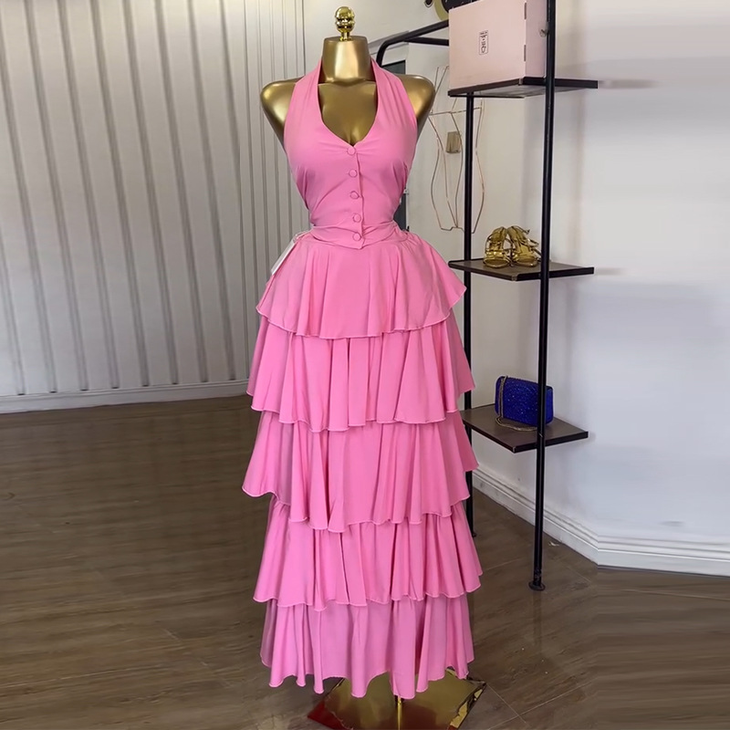 European and American women's clothing 2025 summer new sweet and fresh hanging neck vest high waisted cake skirt two-piece set