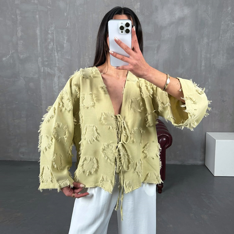European and American women's clothing 2025 summer new item sweet, fresh, loose oversized V-neck lace up shirt women's top