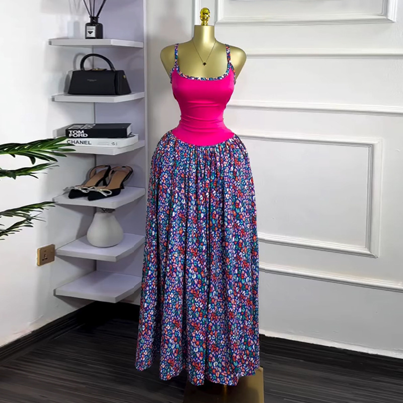 European and American women's clothing 2025 summer new sweet and fresh printed suspender high waist slimming A-line dress long skirt