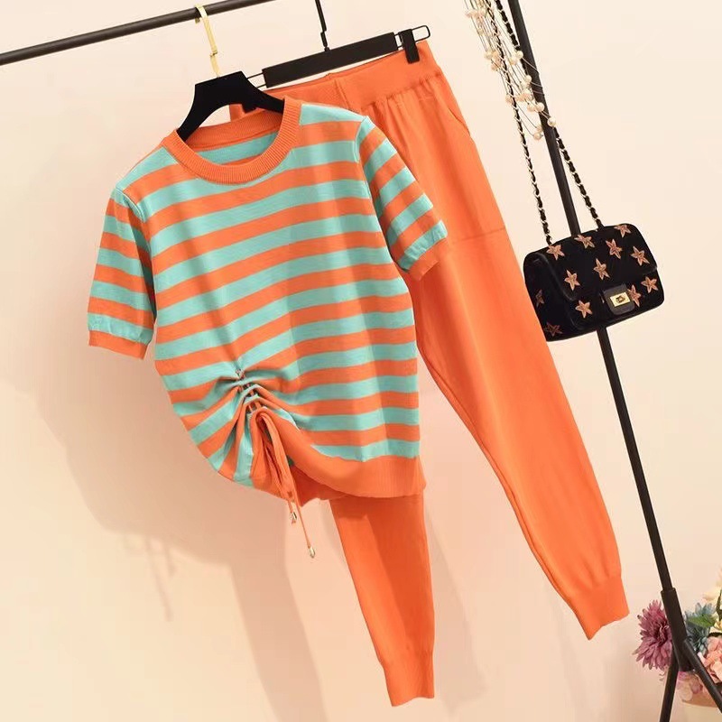 2024 Summer New Set Women's Knitted Casual Fashion Western Style Striped Splicing Drawstring Short Sleeve Knitted Pants