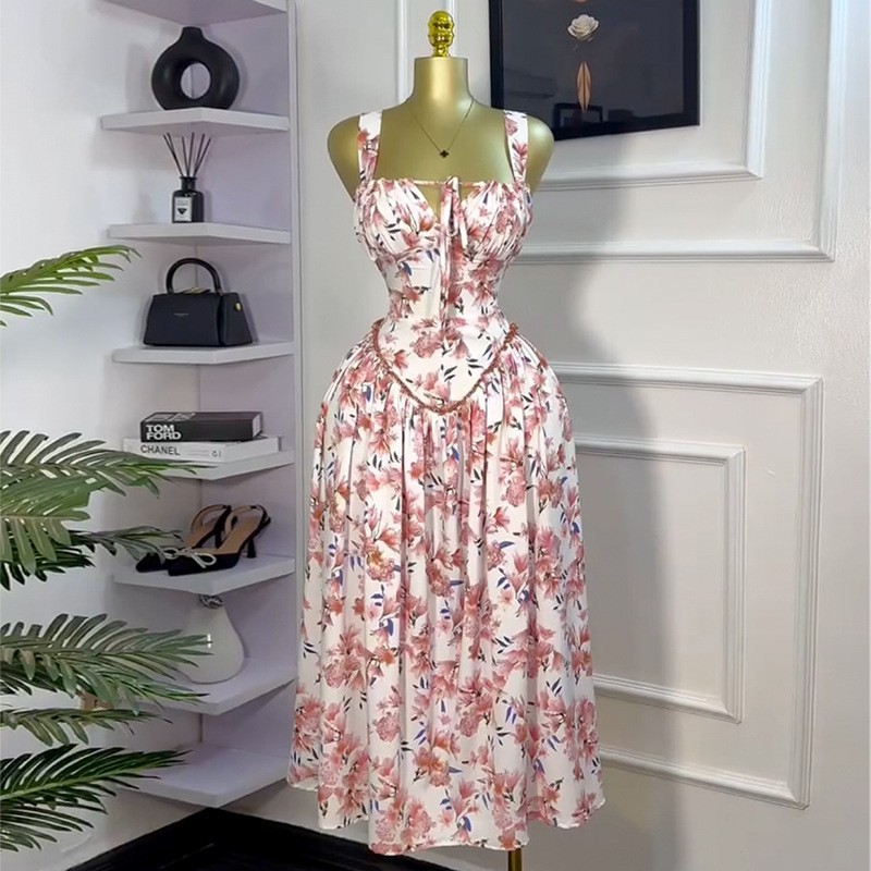 European and American women's clothing 2025 spring new sweet and fresh lace up V-neck high waist slimming A-line dress long skirt