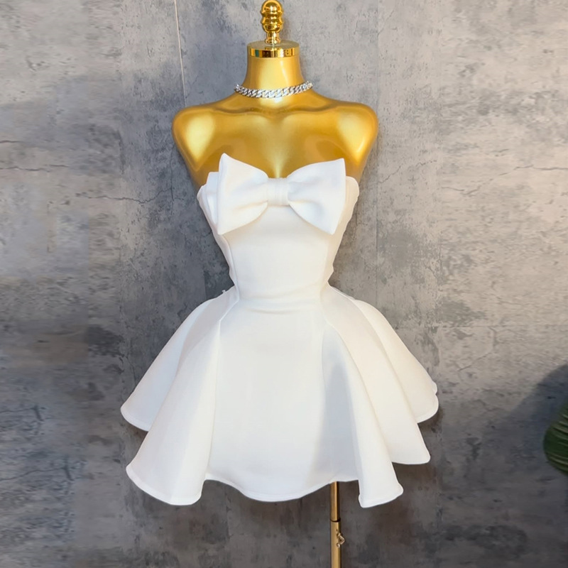European and American cross-border women's clothing 2025 summer new style temperament strapless bow high waisted A-line dress short dress