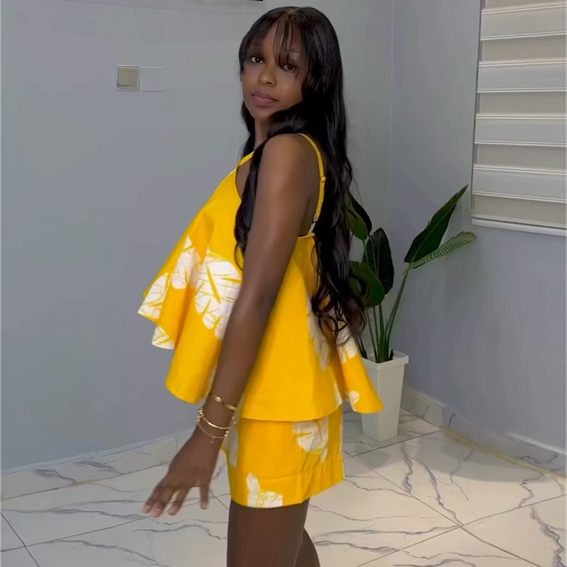 European and American women's clothing 2025 summer sweet and fresh loose oversized printed camisole, high waisted straight leg shorts two-piece set