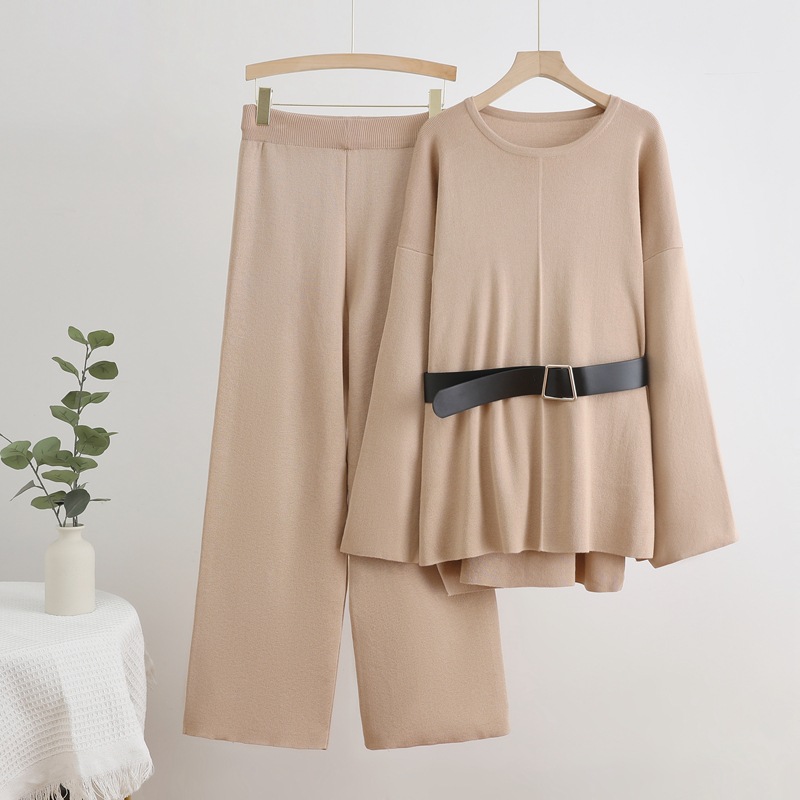 Cross border foreign trade solid color set temperament round neck pullover belt top loose high waist wide leg pants fashionable two-piece set