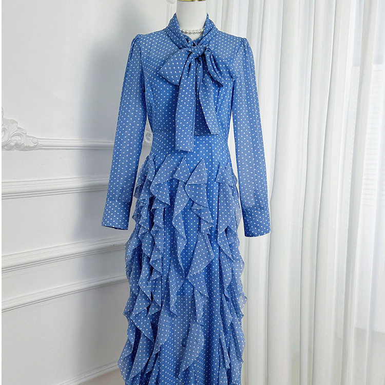 Heavy Industry French Palace Storm Point Fish Tail Wave Big Swing Show Thinning Lotus Leaf Edge Long Dress with Waist Drawn Scarf Collar Dress