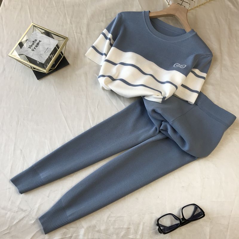 2021 Spring/Summer New Korean Ins Sweet Butterfly Contrast Knitted Short Sleeve Top+Elastic Shorts Set