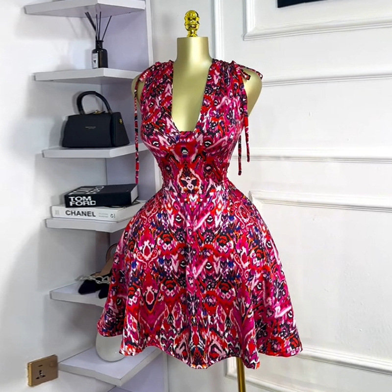 European and American women's clothing 2025 summer new sweet and fresh print V-neck high waist slimming A-line dress short skirt