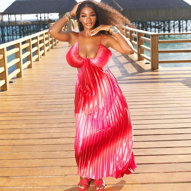 European and American cross-border women's clothing 2025 autumn new style sexy strapless pleated large swing skirt gradient color suspender dress
