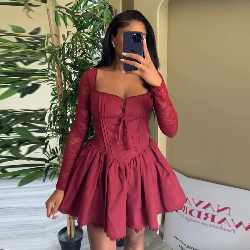 European and American women's clothing 2025 summer new sweet and fresh lace up square collar lace long sleeved high waisted A-line dress short skirt