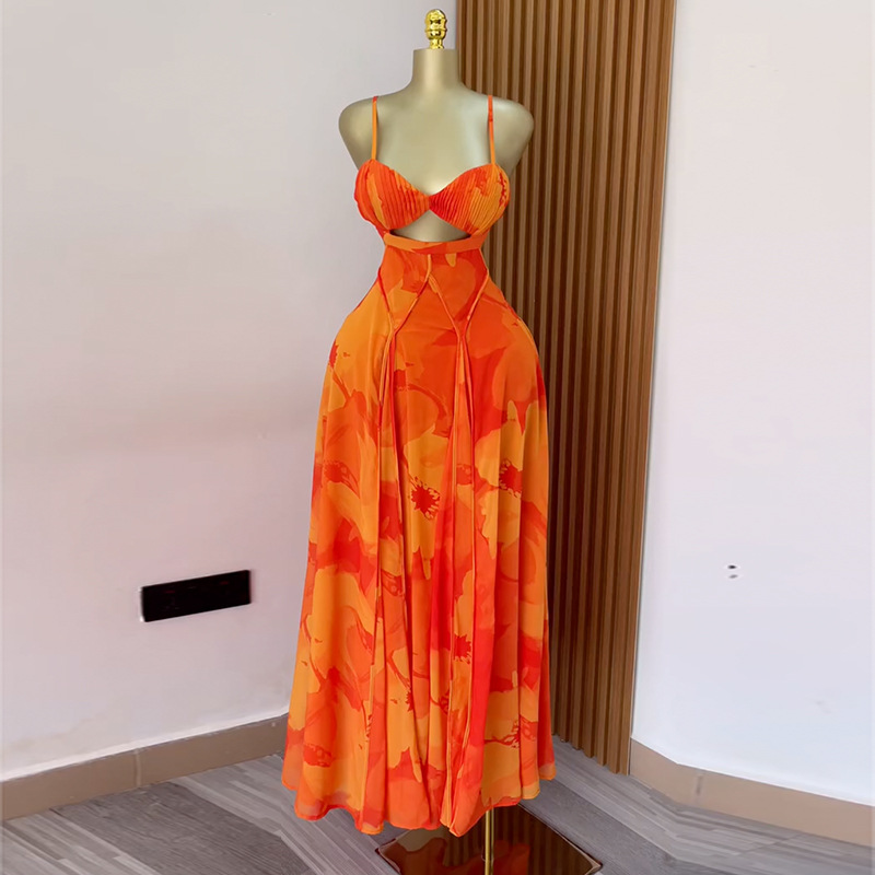 European and American women's clothing 2025 summer new sweet and fresh printed suspender strapless high waisted A-line dress long skirt