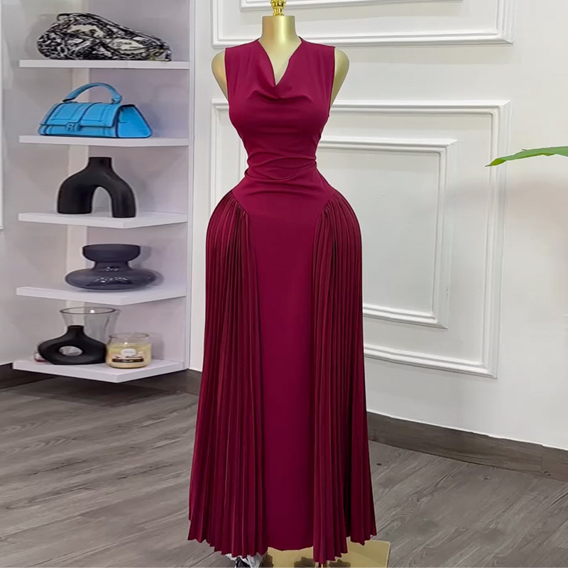 European and American women's clothing 2025 spring new sweet and fresh V-neck pleated skirt high waist pleated dress long skirt