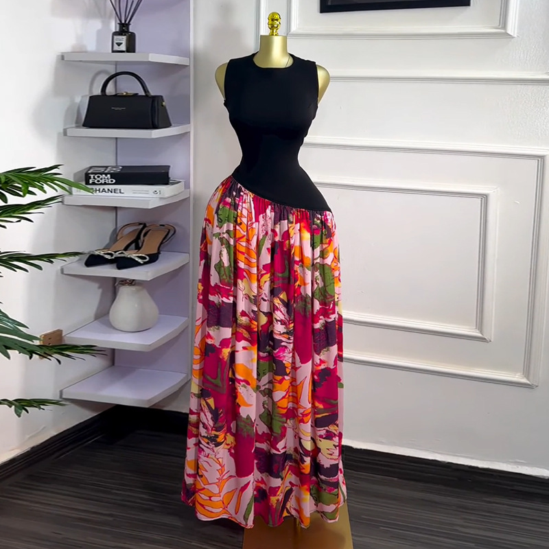 European and American women's clothing 2025 summer new sweet and fresh printed round neck sleeveless high waist slimming A-line dress long skirt