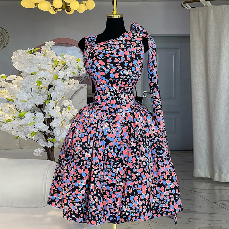 European and American cross-border women's clothing 2025 summer new style temperament bow print high waist A-line medium long dress